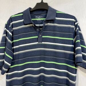 Men's Golf Polo Short Sleeve Dri-logic Blue Striped Pattern Shirt M Stretch